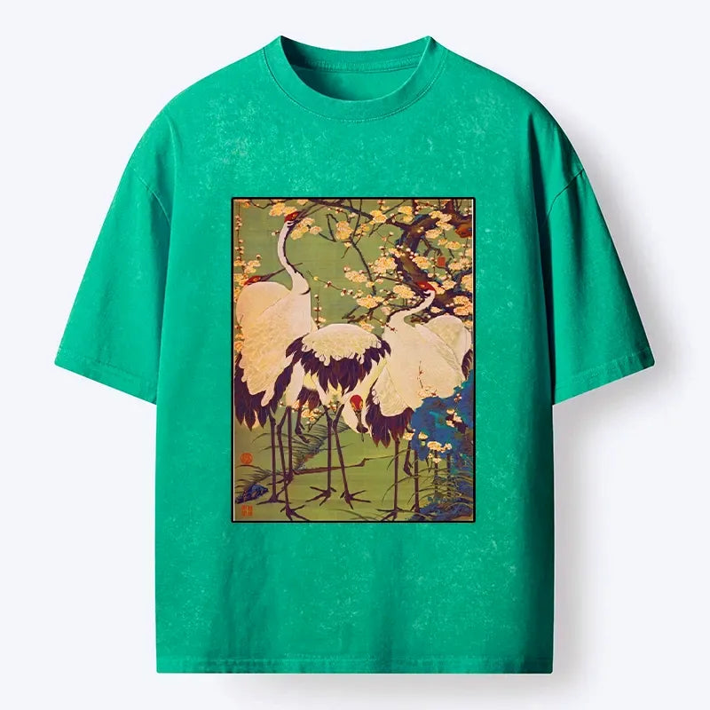 Kyoto-Lion Three Cranes In Sakura Garden Washed T-Shirt