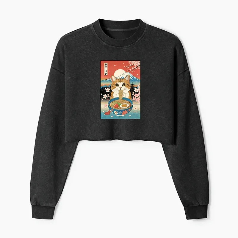 Kyoto-Lion Funny Orange Cat Eating Ramen Japan Washed Crop Sweatshirt