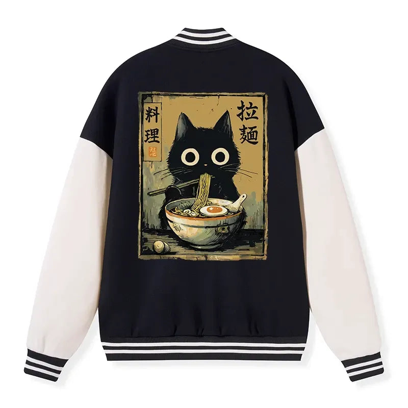 japanese embroidery varsity jacket with cat design