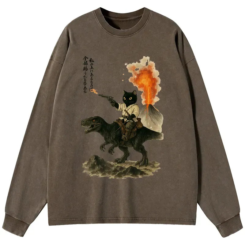 Japanese Cat Riding Dinosaur Long Sleeve T-Shirt