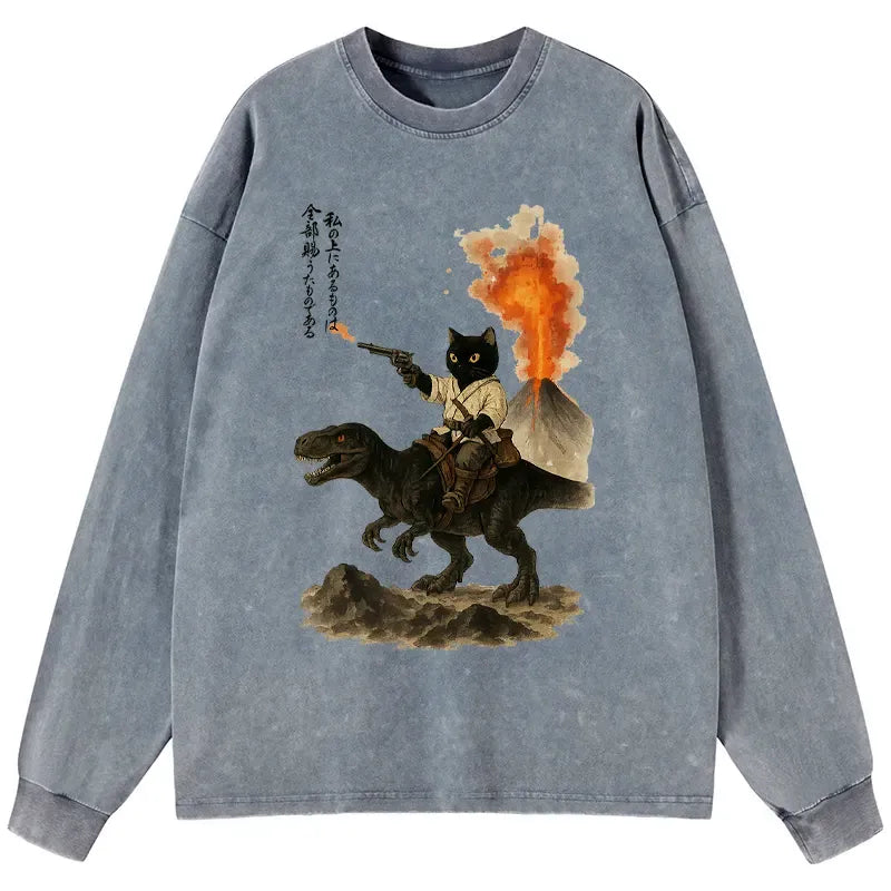Japanese Cat Riding Dinosaur Long Sleeve T-Shirt