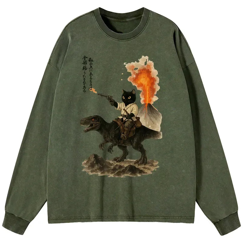 Japanese Cat Riding Dinosaur Long Sleeve T-Shirt