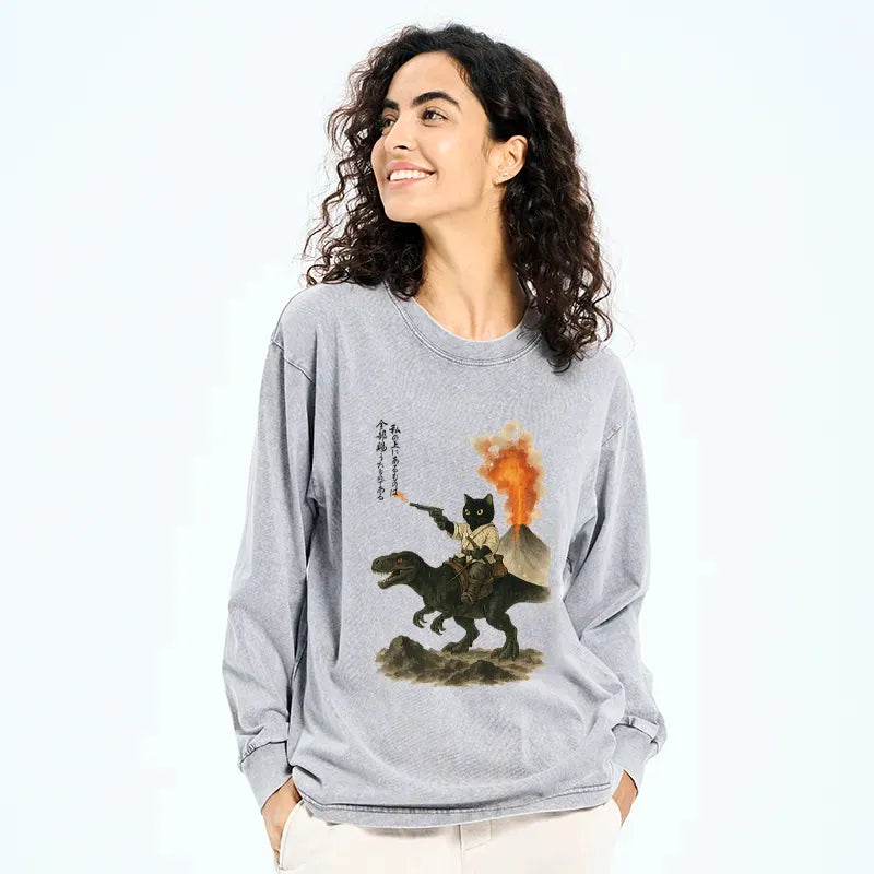 Kyoto-Lion Cat Riding A Dinosaur Washed Long Sleeve T-Shirt
