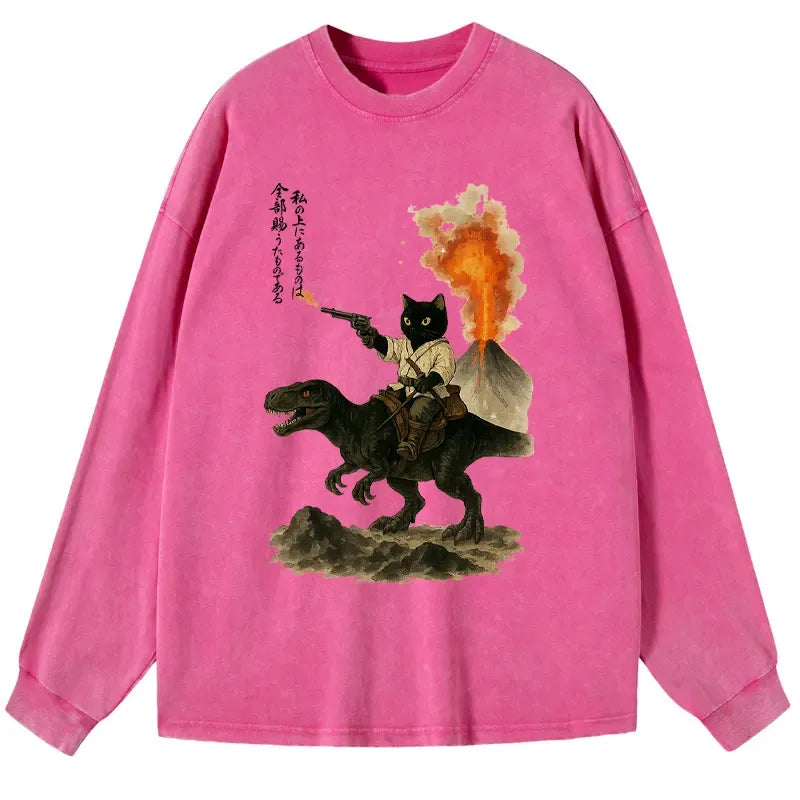 Japanese Cat Riding Dinosaur Long Sleeve T-Shirt