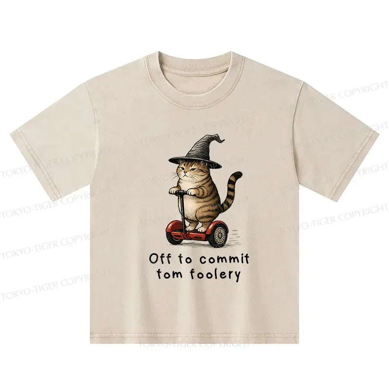 Kyoto-Lion Orange Cat Riding Segway-style Kids Washed T-Shirt