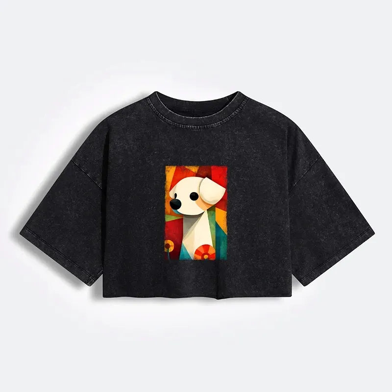 Kyoto-Lion Retro Abstract Color Block Puppy Art Women's Washed Crop T-Shirt