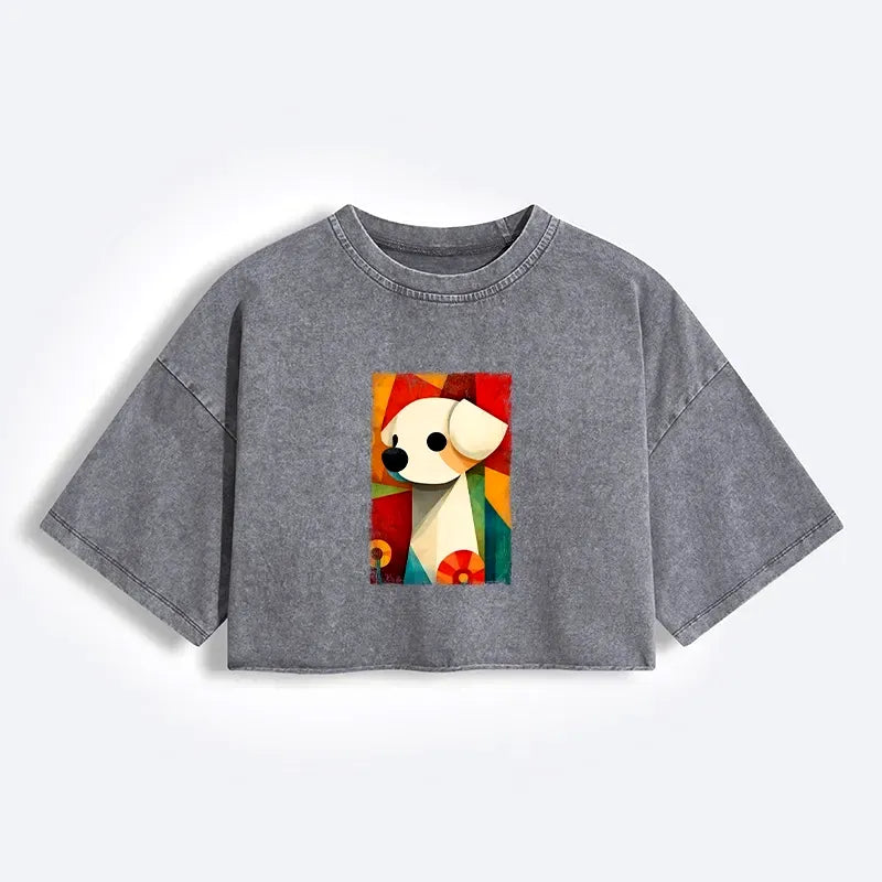 Kyoto-Lion Retro Abstract Color Block Puppy Art Women's Washed Crop T-Shirt