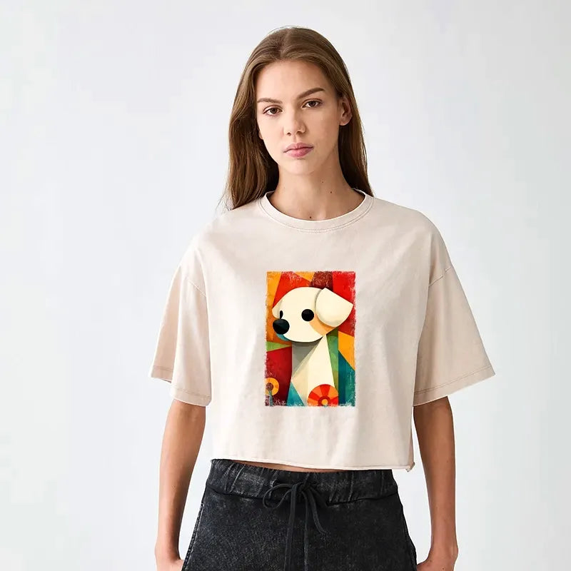 Vintage Japanese Puppy Art Crop T-Shirt