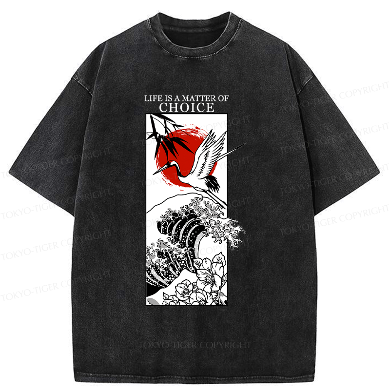 Kyoto-Lion Japanese Crane And Wave Kanji Washed T-Shirt