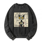 Kyoto Lion Robot Cat Washed Sweatshirt for Daily Wear