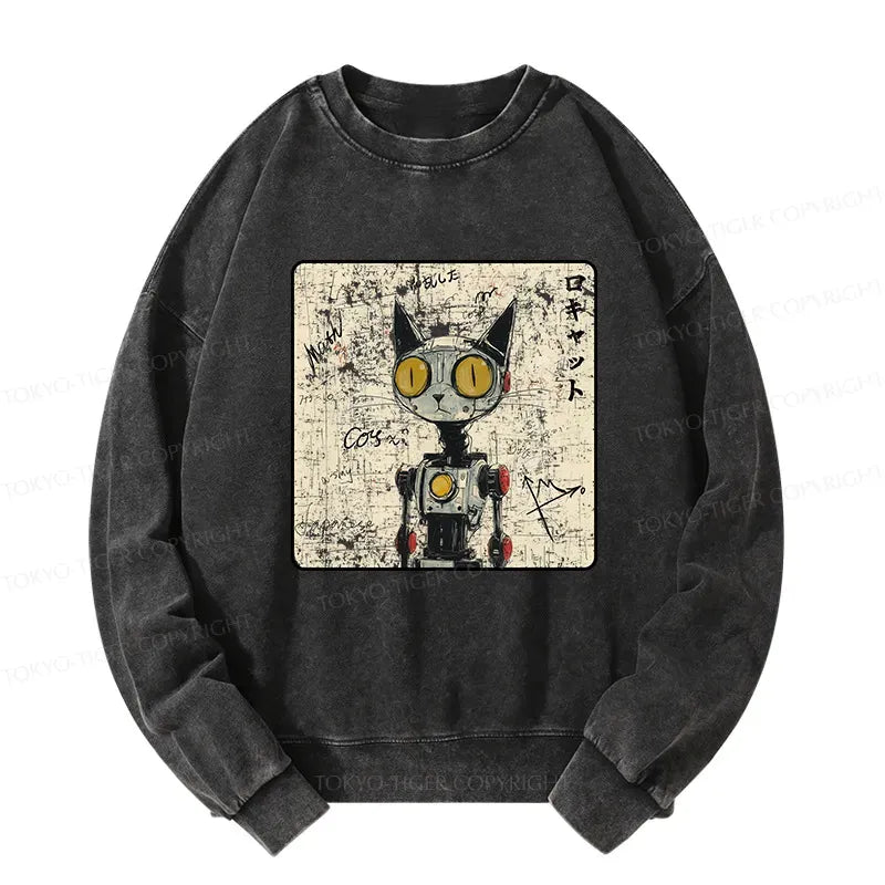 Kyoto Lion Robot Cat Washed Sweatshirt for Daily Wear