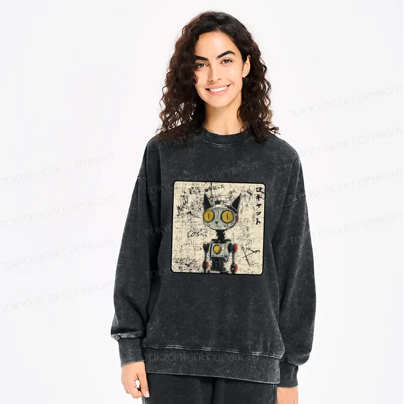 Kyoto Lion Robot Cat Washed Sweatshirt for Daily Wear