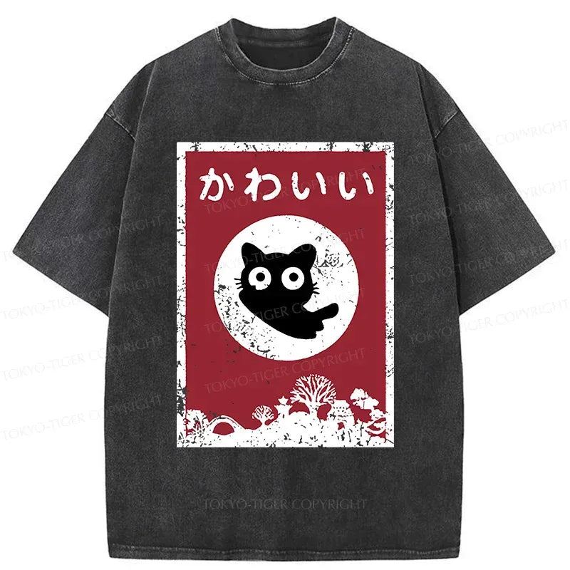 Kyoto-Lion Cute Black Cat Washed T-Shirt