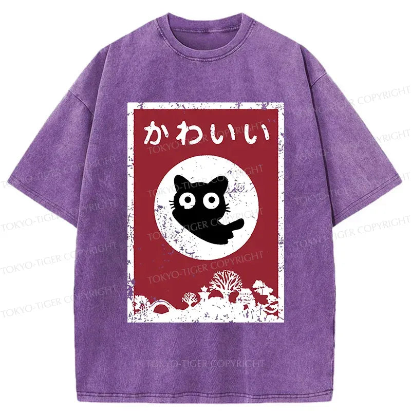 Japanese Vintage Cute Black Cat Washed T-Shirt