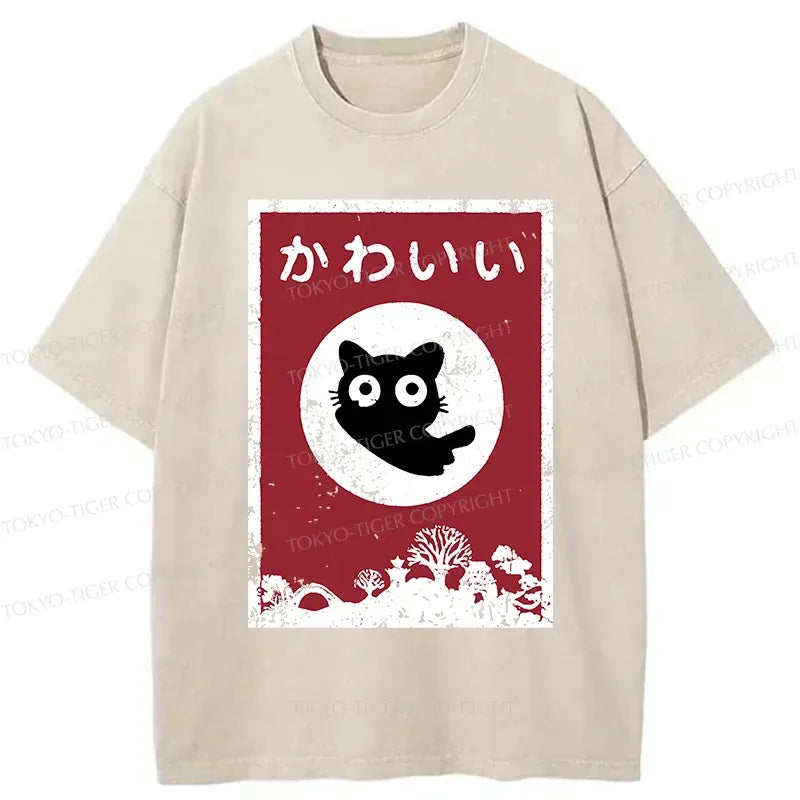 Japanese Vintage Cute Black Cat Washed T-Shirt