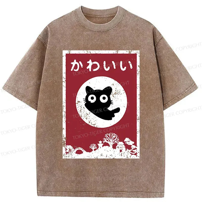 Kyoto-Lion Cute Black Cat Washed T-Shirt