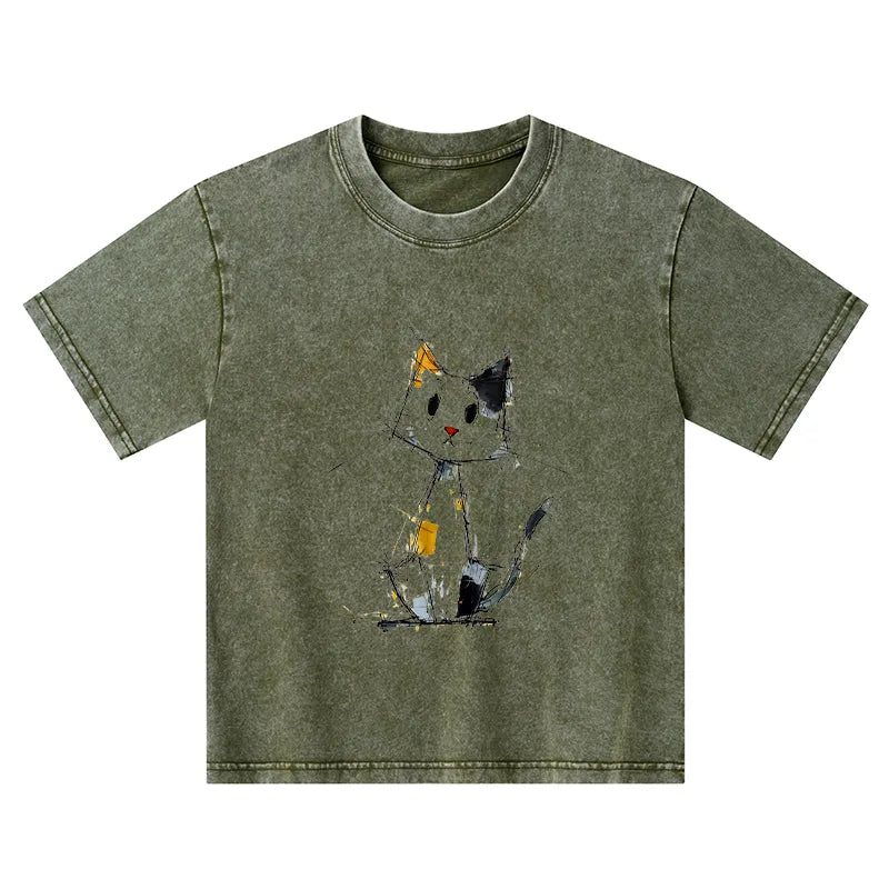 Kyoto-Lion Minimal Splash Ink Cute Cat Kids Washed T-Shirt