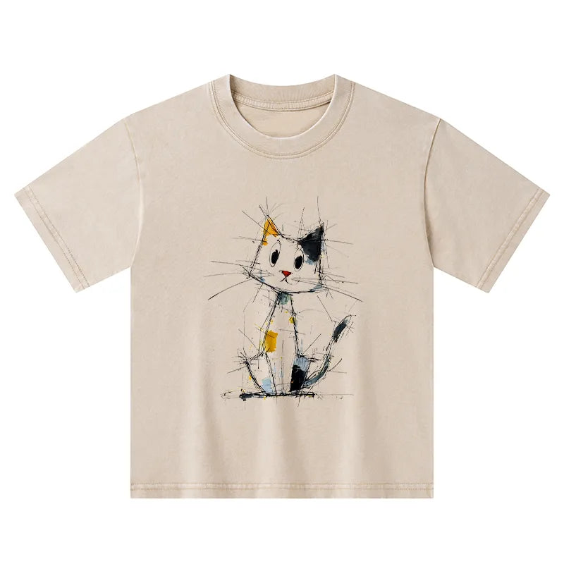 Kyoto-Lion Minimal Splash Ink Cute Cat Kids Washed T-Shirt