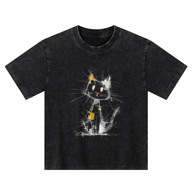 Kyoto-Lion Minimal Splash Ink Cute Cat Kids Washed T-Shirt