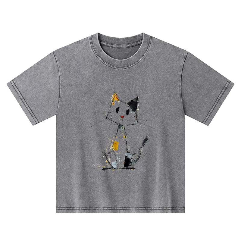 Kyoto-Lion Minimal Splash Ink Cute Cat Kids Washed T-Shirt