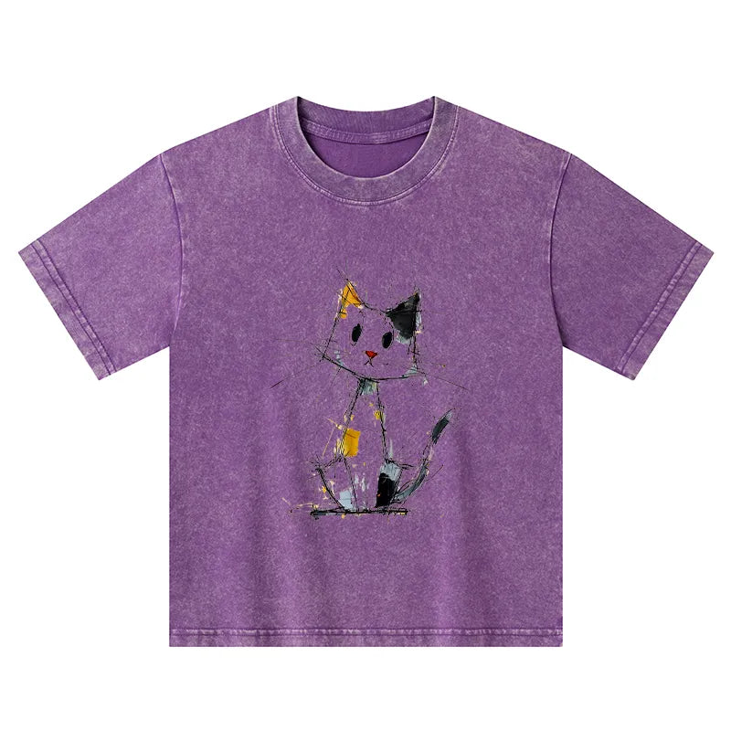 Kyoto-Lion Minimal Splash Ink Cute Cat Kids Washed T-Shirt