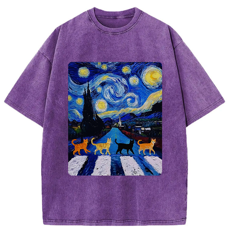 Kyoto-Lion Starry Night Cat Washed T-Shirt
