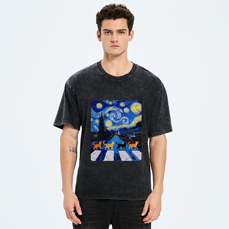 Kyoto-Lion Starry Night Cat Washed T-Shirt