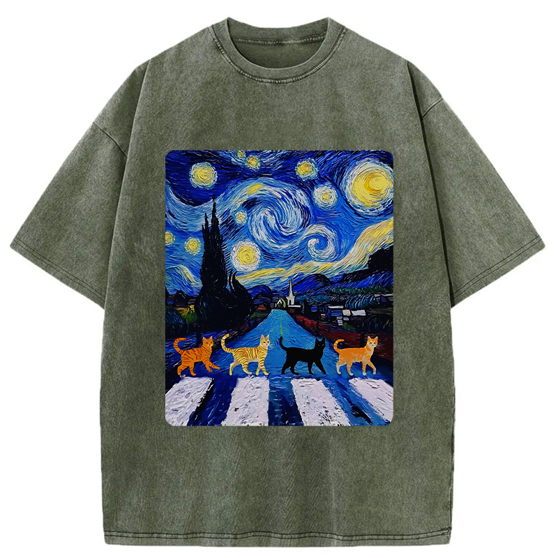 Kyoto-Lion Starry Night Cat Washed T-Shirt