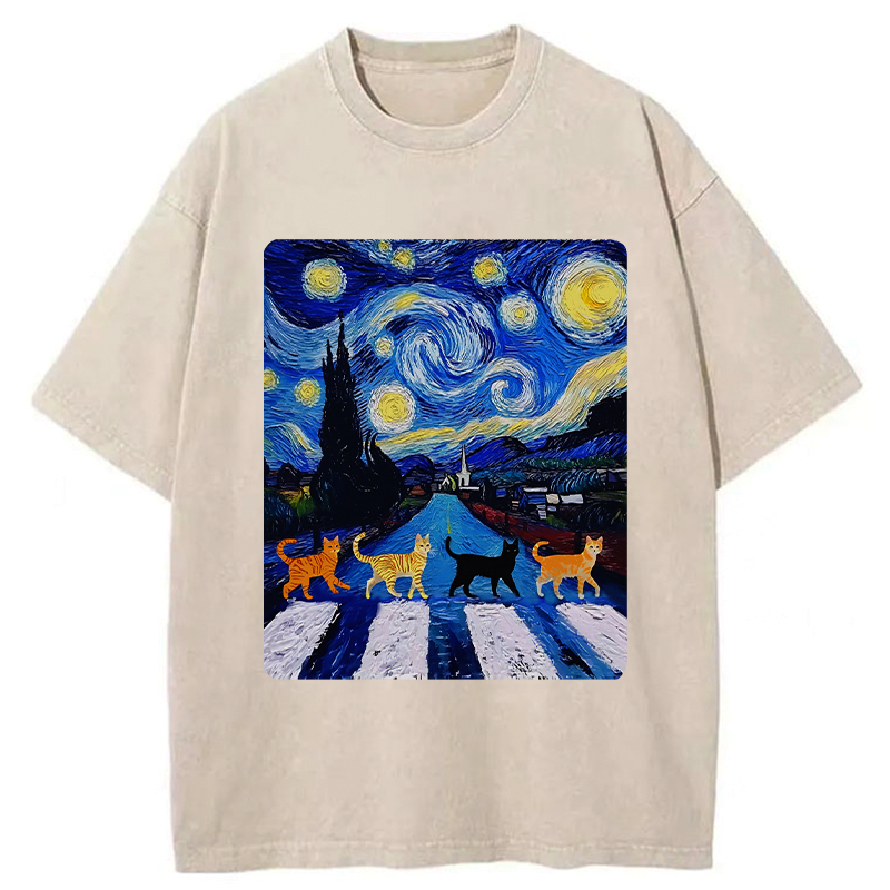 Kyoto-Lion Starry Night Cat Washed T-Shirt