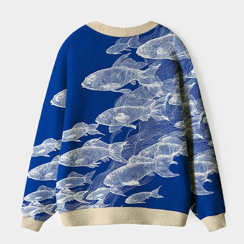Kyoto-Lion Blueprint Of The Sea Ugly Cardigan Sweater