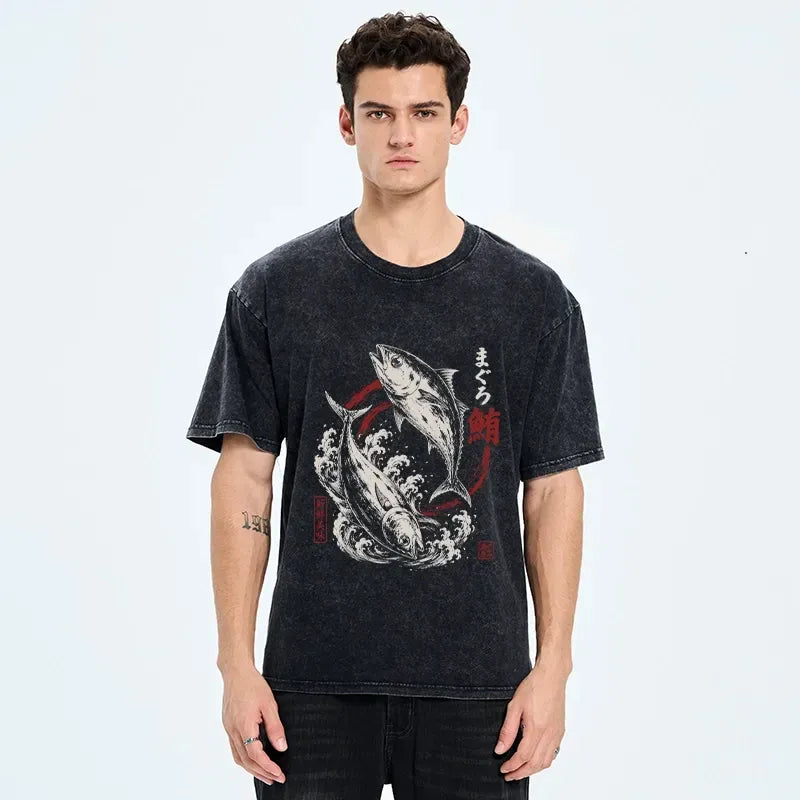 Kyoto-Lion Two Tuna Fish Leap Over Waves Washed T-Shirt