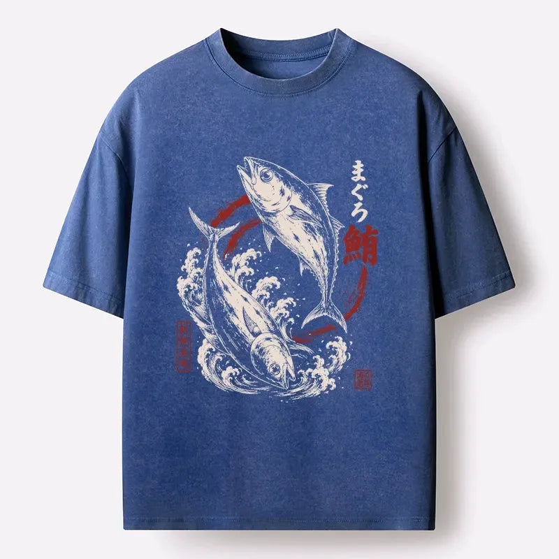 Kyoto-Lion Two Tuna Fish Leap Over Waves Washed T-Shirt