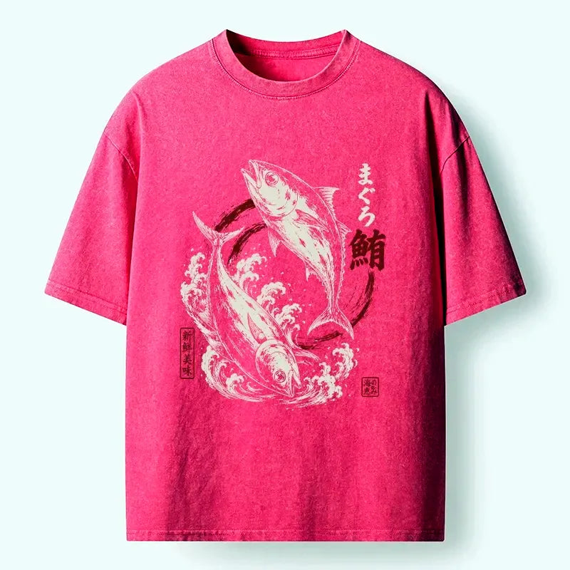 Kyoto-Lion Two Tuna Fish Leap Over Waves Washed T-Shirt