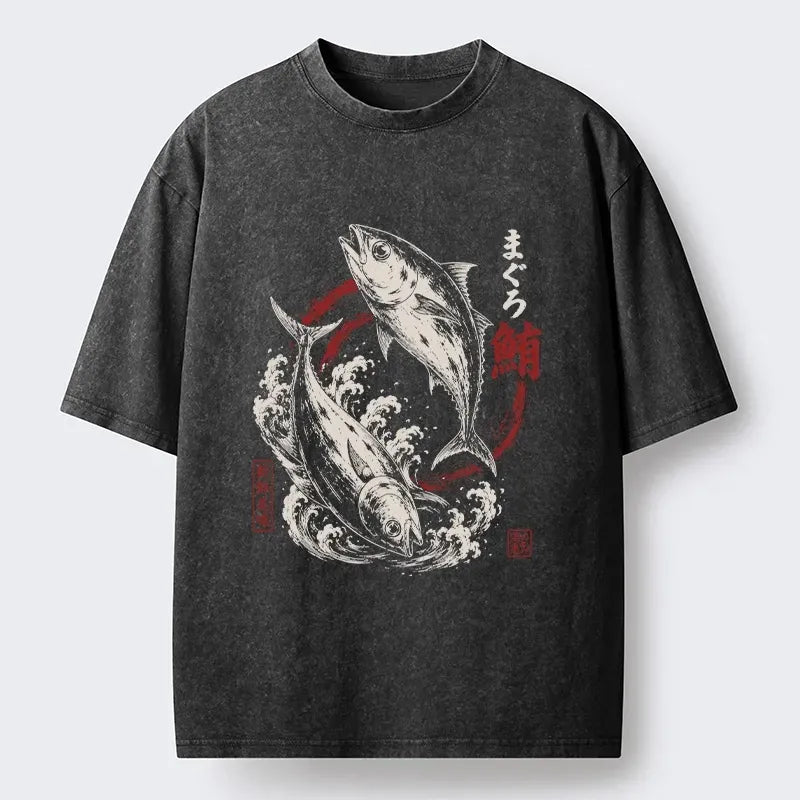 Kyoto-Lion Two Tuna Fish Leap Over Waves Washed T-Shirt