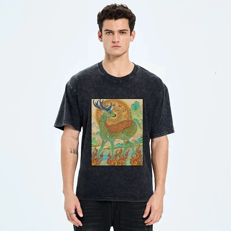 Kyoto-Lion Mythical Nine Colored Deer Washed T-Shirt