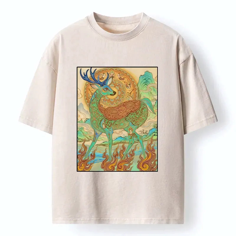 Kyoto-Lion Mythical Nine Colored Deer Washed T-Shirt