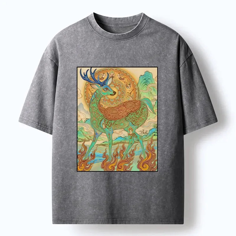 Kyoto-Lion Mythical Nine Colored Deer Washed T-Shirt