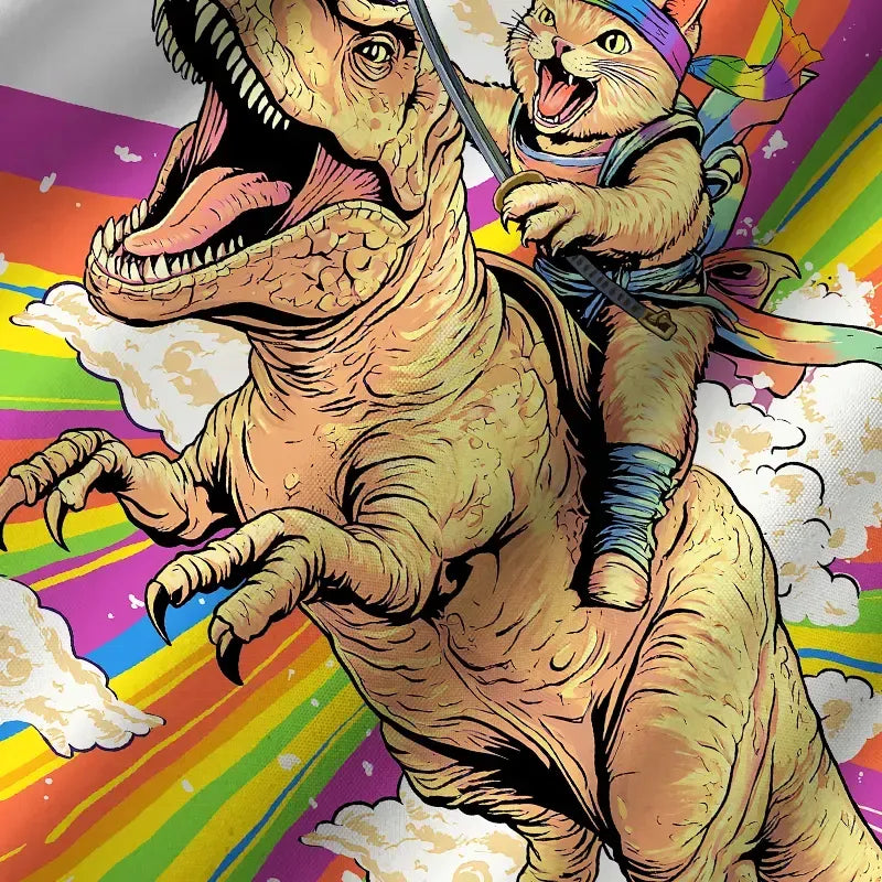 Kyoto-Lion Rainbow Cat Rides A Dinosaur Cuban Collar Shirt