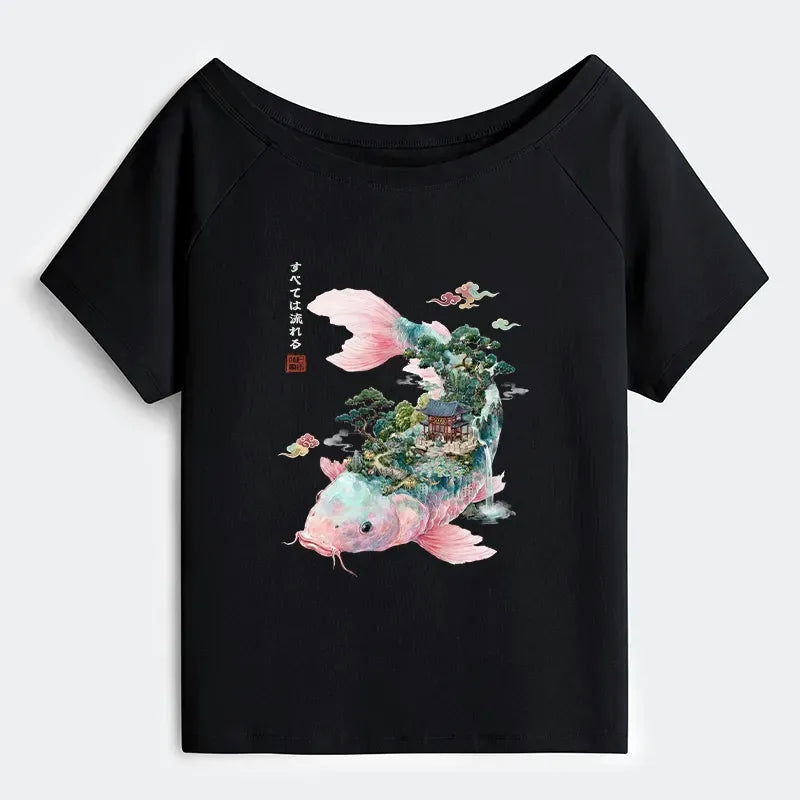 Japanese Koi Off Shoulder T-Shirt for Women