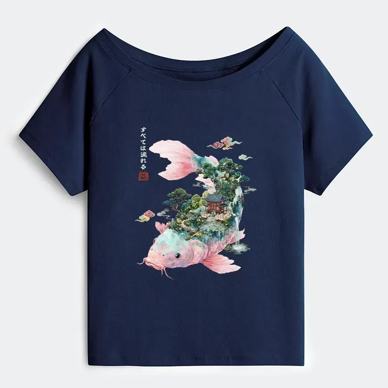 Kyoto-Lion Journey Of The Flowing Koi Off Shoulder T-Shirt