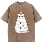 Kyoto-Lion Chubby Cat Celebrates Christmas Washed T-Shirt