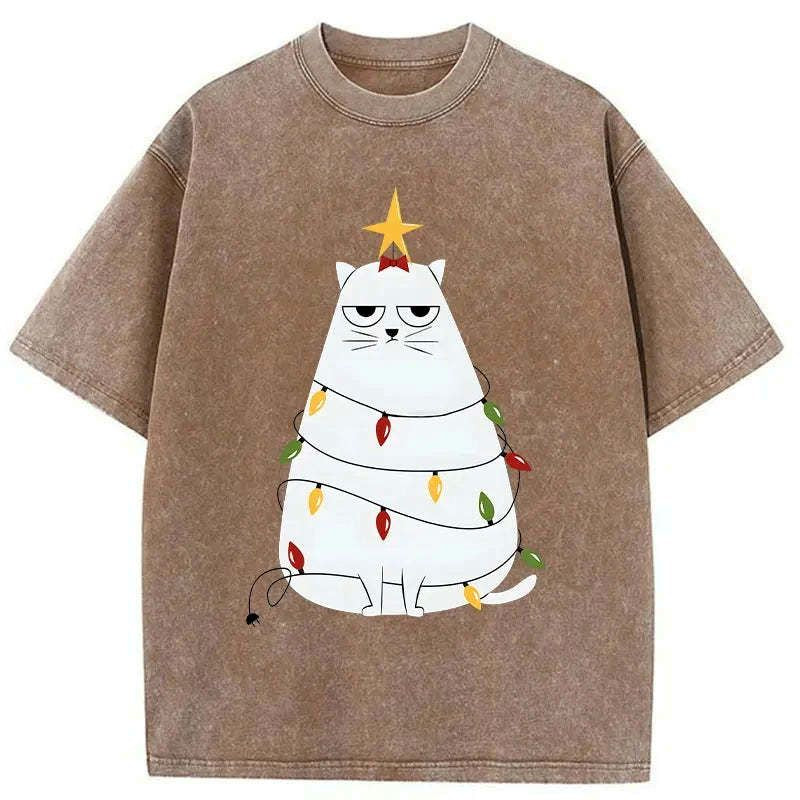 Kyoto-Lion Chubby Cat Celebrates Christmas Washed T-Shirt