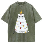 Kyoto-Lion Chubby Cat Celebrates Christmas Washed T-Shirt