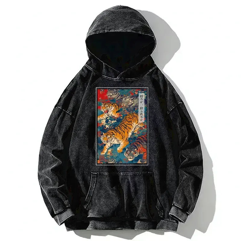 Retro Japanese Tiger Washed Hoodie
