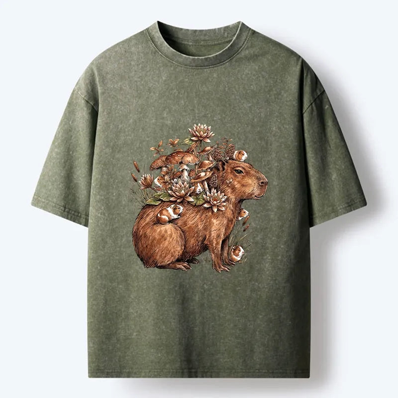 Kyoto-Lion Capybara Nature Friends Washed T-shirt