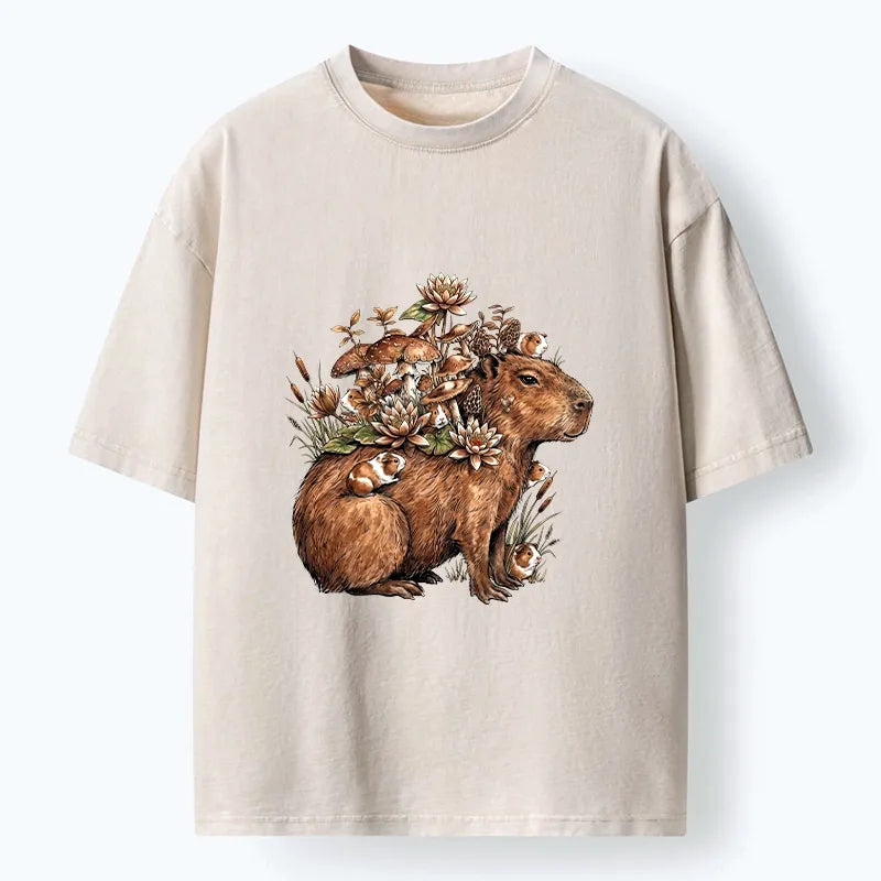 Kyoto-Lion Capybara Nature Friends Washed T-shirt