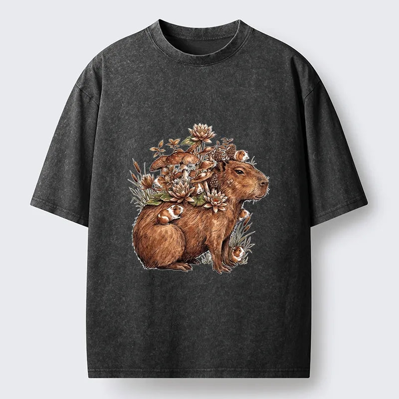 Kyoto-Lion Capybara Nature Friends Washed T-shirt