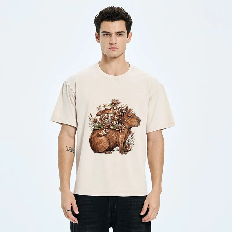 Kyoto-Lion Capybara Nature Friends Washed T-shirt