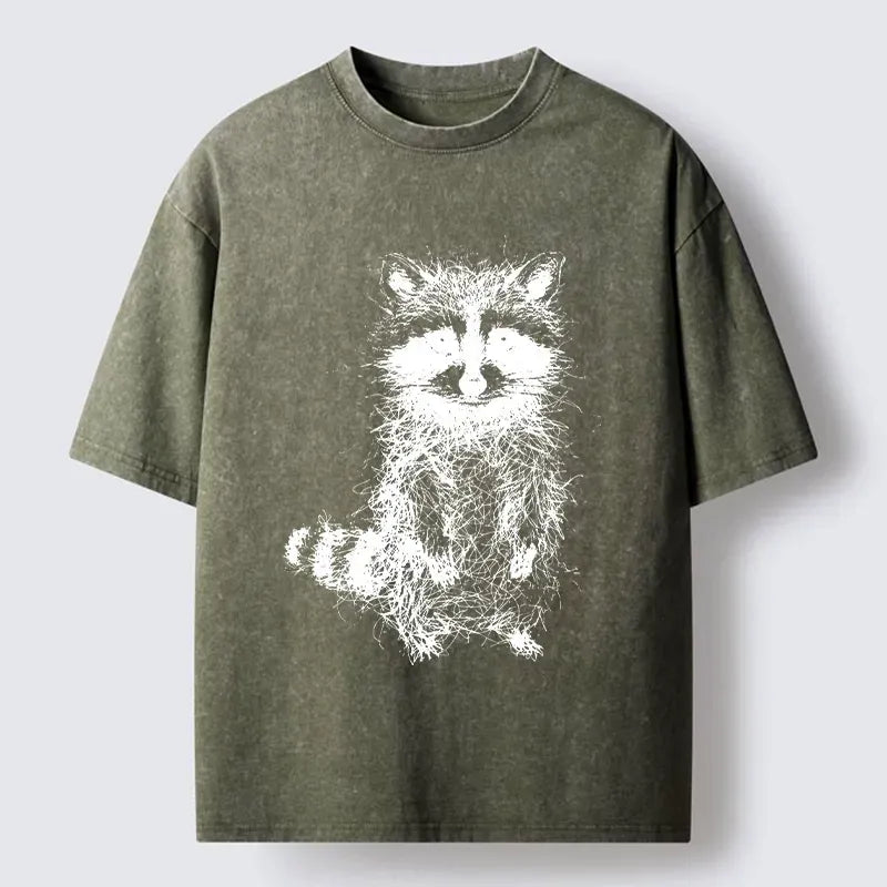 Kyoto-Lion Messy Line Art Raccoon Meme Washed T-Shirt