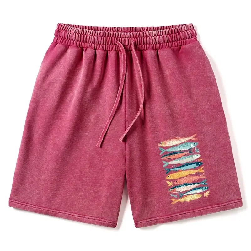 Japanese Fish Print Washed Shorts for Summer